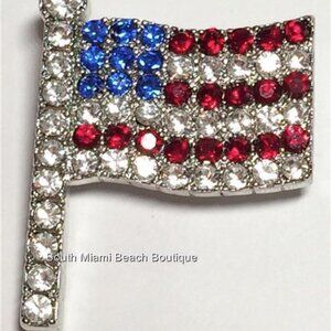 USA American Flag Pin Brooch Patriotic July 4th US Crystal Silver Plated 1.5"